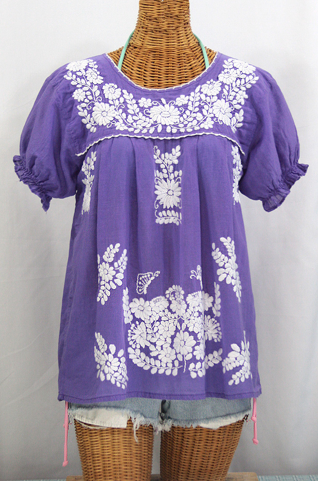 "La Mariposa Corta" Embroidered Mexican Style Peasant Top - Purple