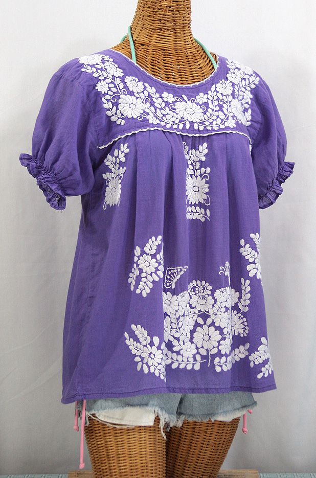 "La Mariposa Corta" Embroidered Mexican Style Peasant Top - Purple
