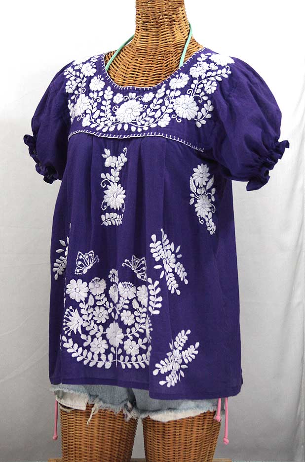 "La Mariposa Corta" Embroidered Mexican Style Peasant Top - Royal Purple