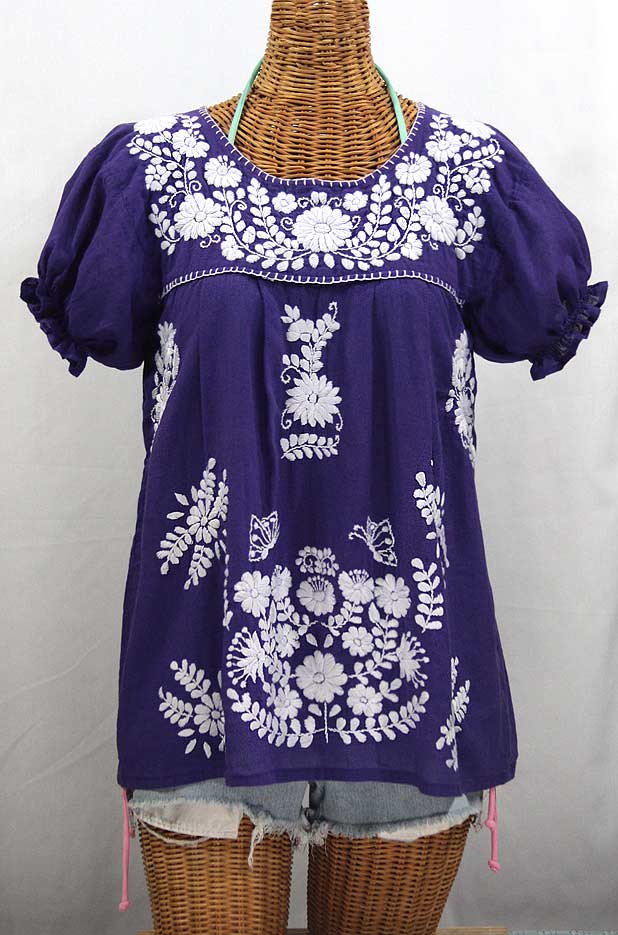 "La Mariposa Corta" Embroidered Mexican Style Peasant Top - Royal Purple