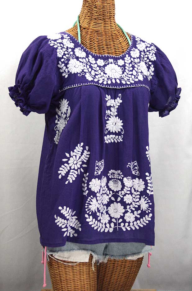 "La Mariposa Corta" Embroidered Mexican Style Peasant Top - Royal Purple