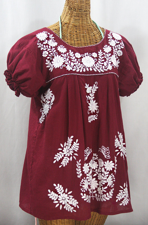 "La Mariposa Corta" Embroidered Mexican Style Peasant Top - Burgundy + White