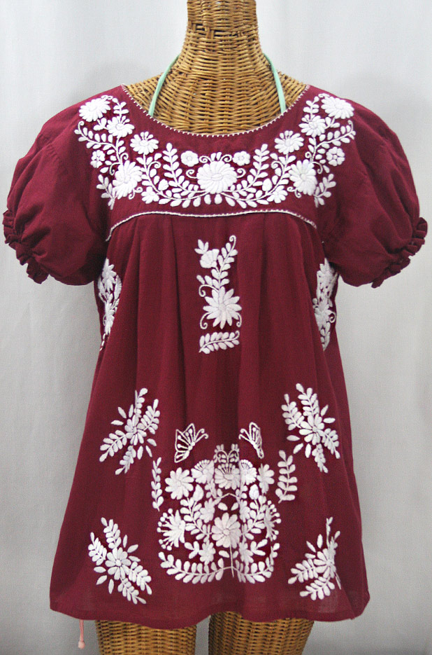 "La Mariposa Corta" Embroidered Mexican Style Peasant Top - Burgundy + White
