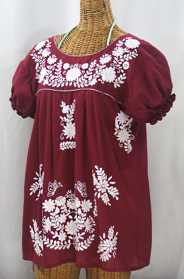 "La Mariposa Corta" Embroidered Mexican Style Peasant Top - Burgundy + White