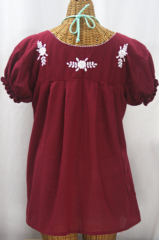 "La Mariposa Corta" Embroidered Mexican Style Peasant Top - Burgundy + White