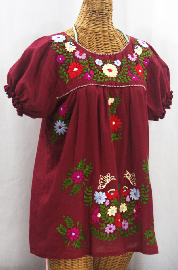 "La Mariposa Corta de Color" Embroidered Mexican Peasant Blouse - Burgundy + Multi