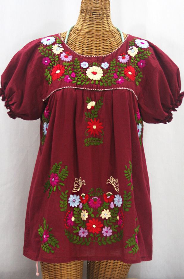 "La Mariposa Corta de Color" Embroidered Mexican Peasant Blouse - Burgundy + Multi