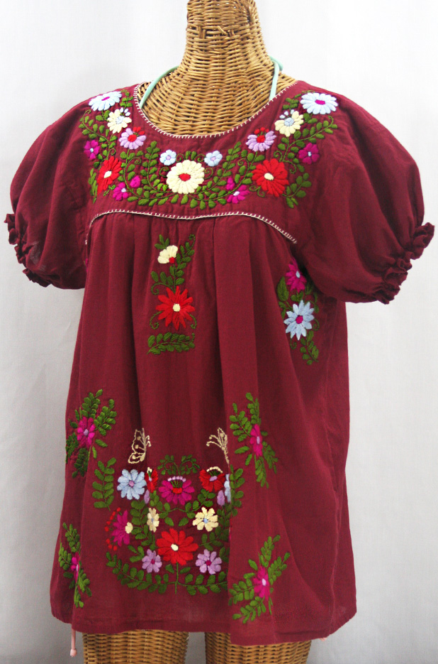 "La Mariposa Corta de Color" Embroidered Mexican Peasant Blouse - Burgundy + Multi