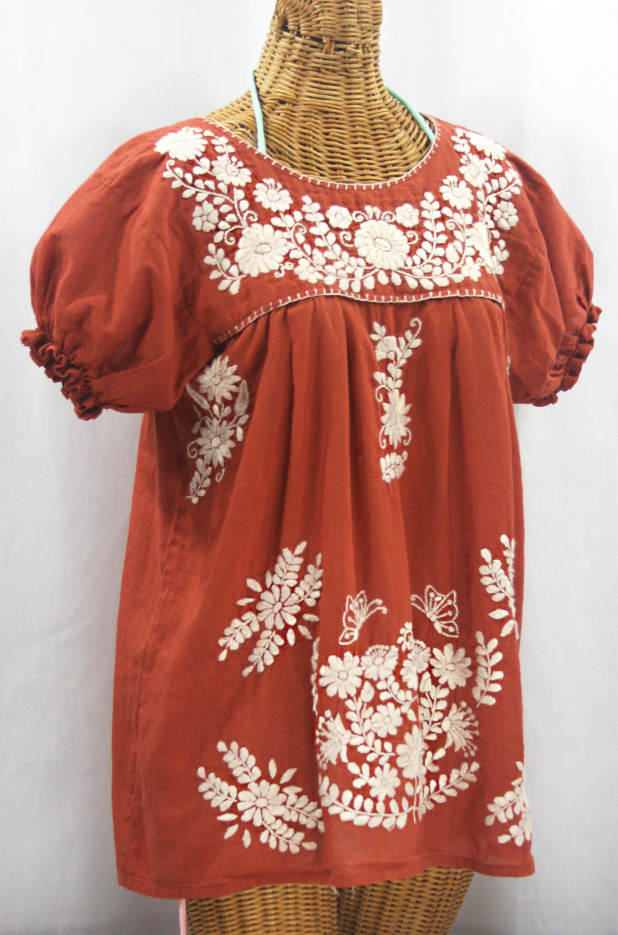 "La Mariposa Corta de Color" Embroidered Mexican Blouse - Terracotta + Cream