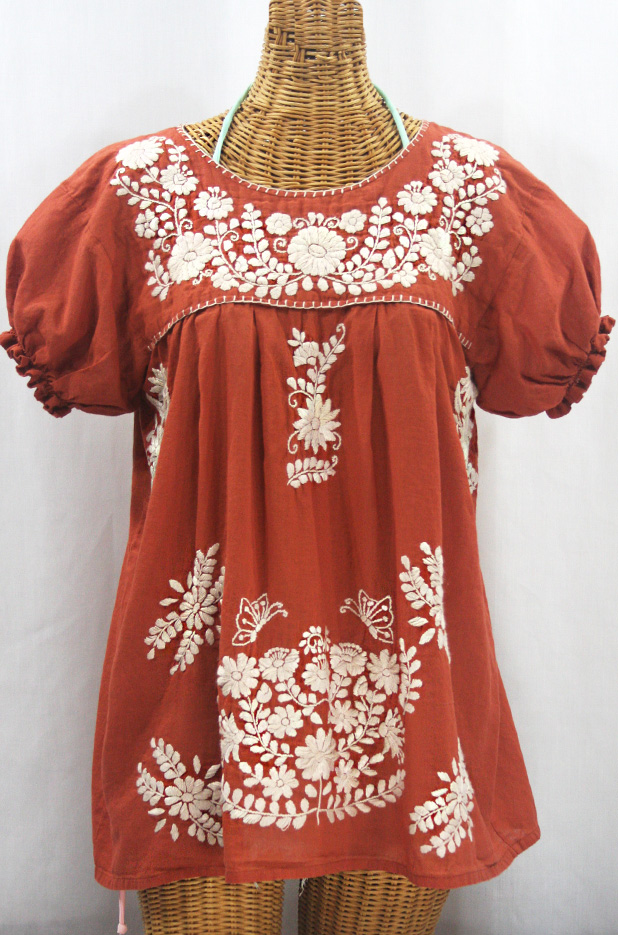 "La Mariposa Corta de Color" Embroidered Mexican Blouse - Terracotta + Cream