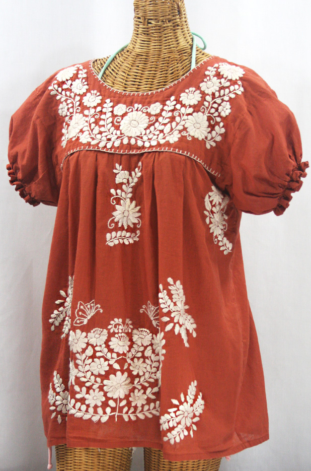 "La Mariposa Corta de Color" Embroidered Mexican Blouse - Terracotta + Cream