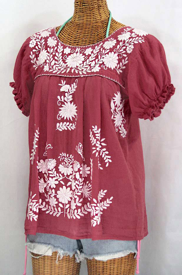 "La Mariposa Corta" Embroidered Mexican Style Peasant Top - Matte Burgundy