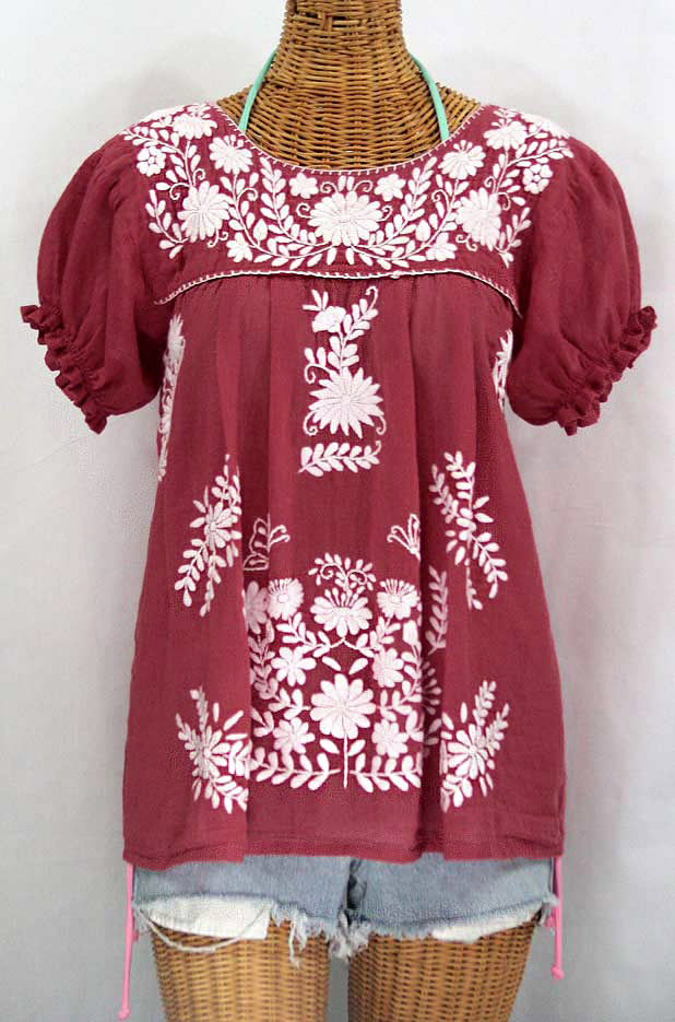 "La Mariposa Corta" Embroidered Mexican Style Peasant Top - Matte Burgundy