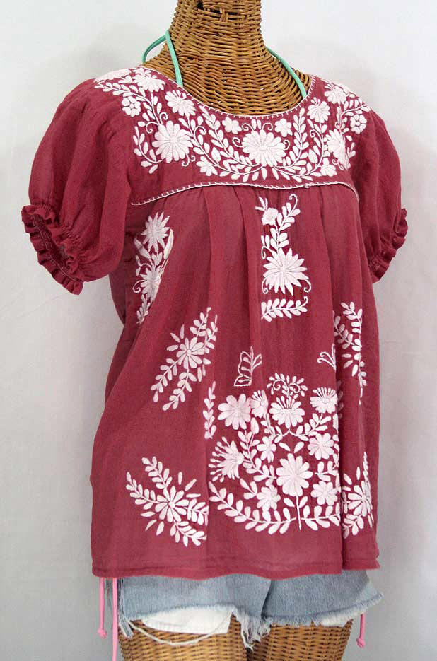 "La Mariposa Corta" Embroidered Mexican Style Peasant Top - Matte Burgundy