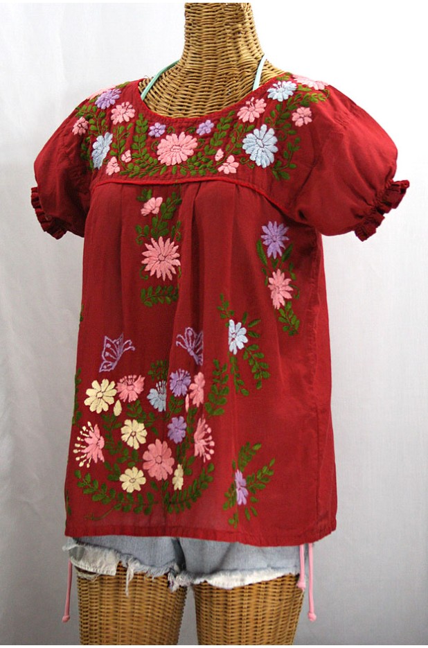 "La Mariposa Corta de Color" Embroidered Mexican Blouse - Dark Brick Red + Multi