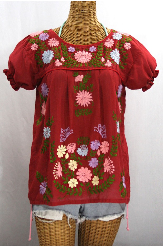 "La Mariposa Corta de Color" Embroidered Mexican Blouse - Dark Brick Red + Multi