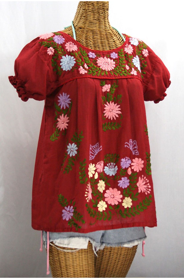 "La Mariposa Corta de Color" Embroidered Mexican Blouse - Dark Brick Red + Multi