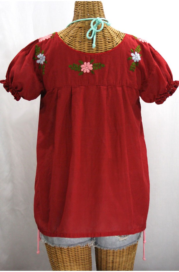 "La Mariposa Corta de Color" Embroidered Mexican Blouse - Dark Brick Red + Multi