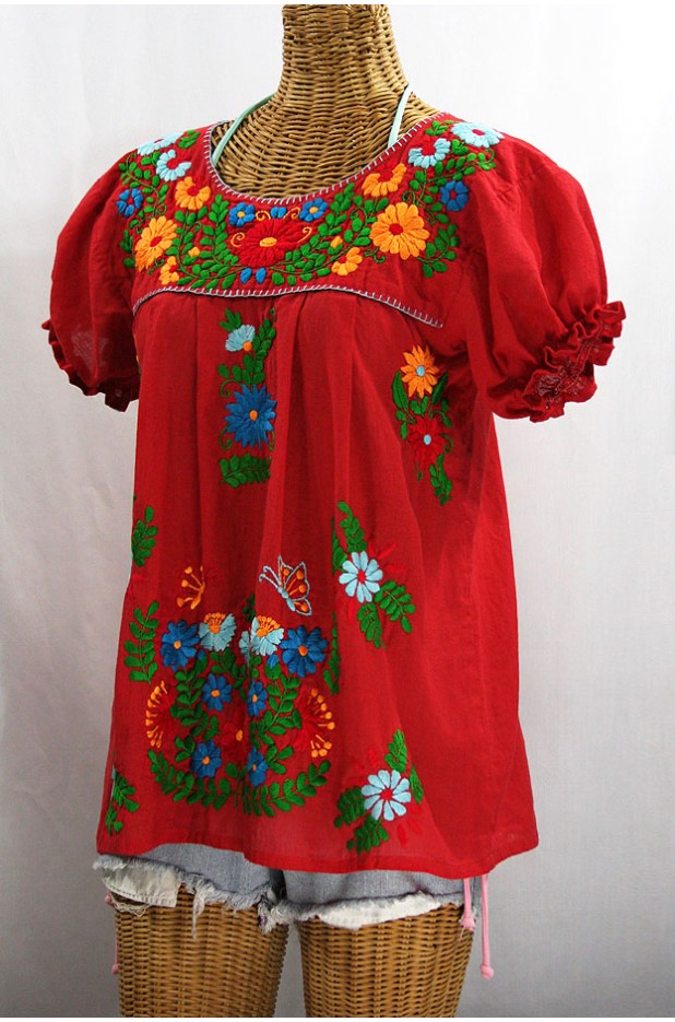 "La Mariposa Corta de Color" Embroidered Mexican Blouse - Red + Fiesta