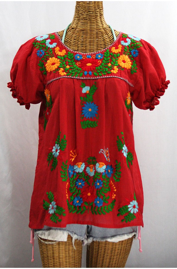 "La Mariposa Corta de Color" Embroidered Mexican Blouse - Red + Fiesta