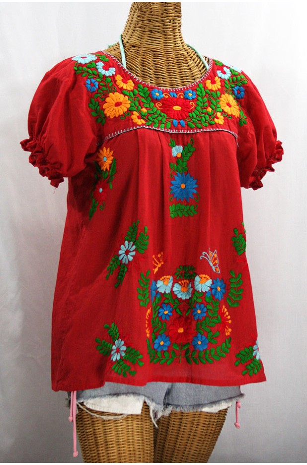 "La Mariposa Corta de Color" Embroidered Mexican Blouse - Red + Fiesta