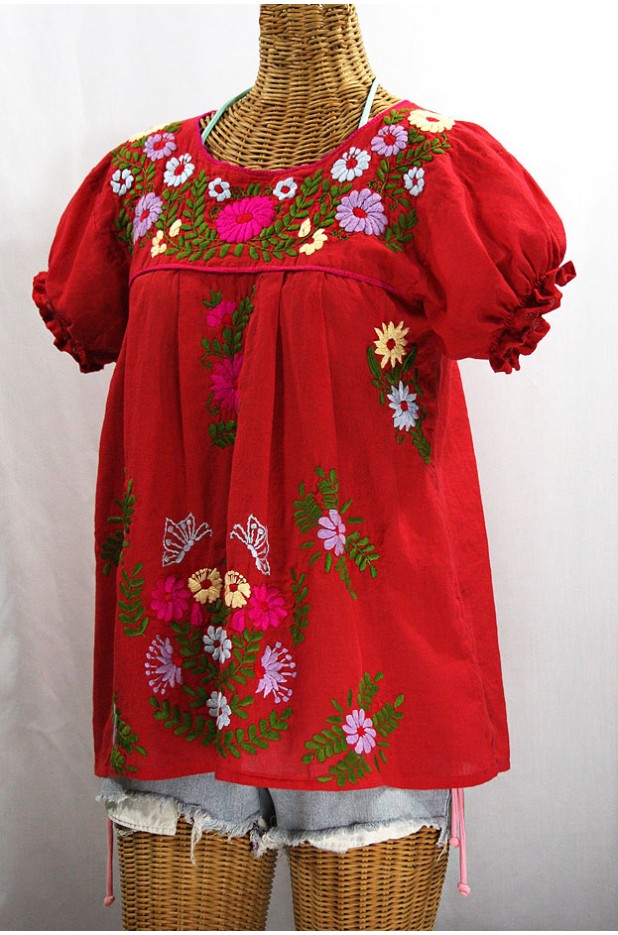 "La Mariposa Corta de Color" Embroidered Mexican Blouse - Red + Multi