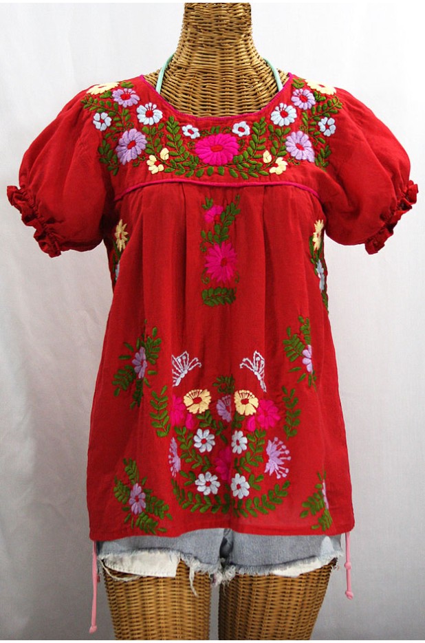 "La Mariposa Corta de Color" Embroidered Mexican Blouse - Red + Multi