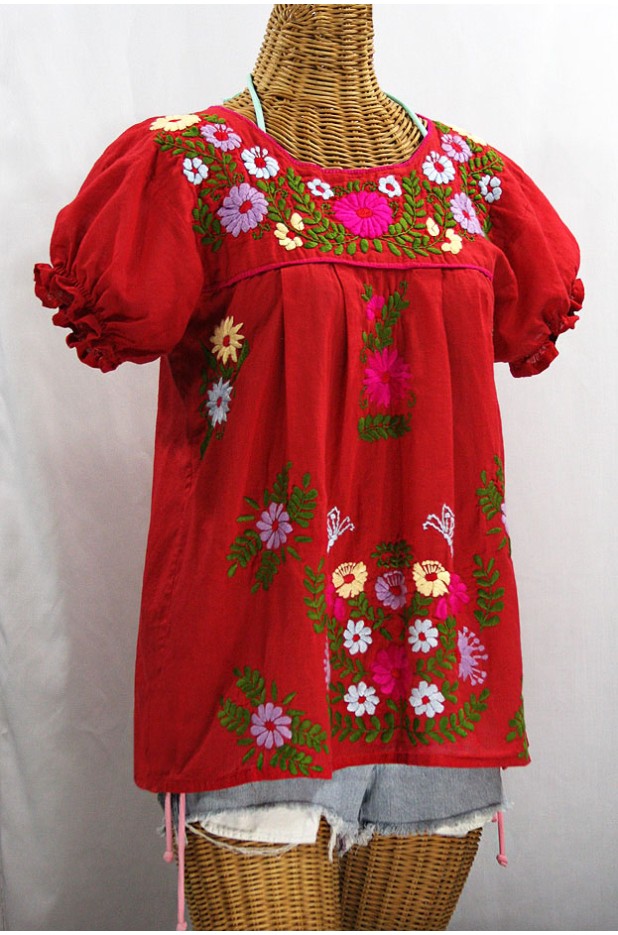"La Mariposa Corta de Color" Embroidered Mexican Blouse - Red + Multi