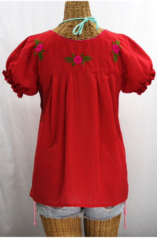 "La Mariposa Corta de Color" Embroidered Mexican Blouse - Red + Multi