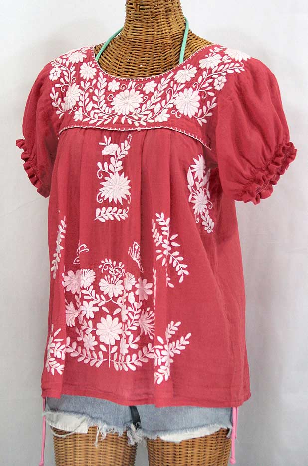 "La Mariposa Corta" Embroidered Mexican Style Peasant Top - Tomato Red