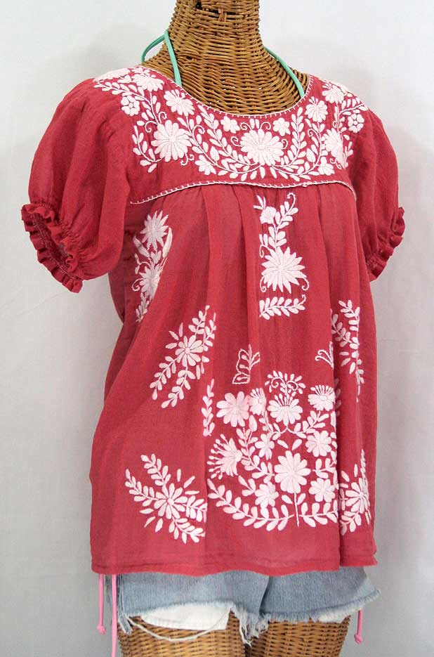 "La Mariposa Corta" Embroidered Mexican Style Peasant Top - Tomato Red