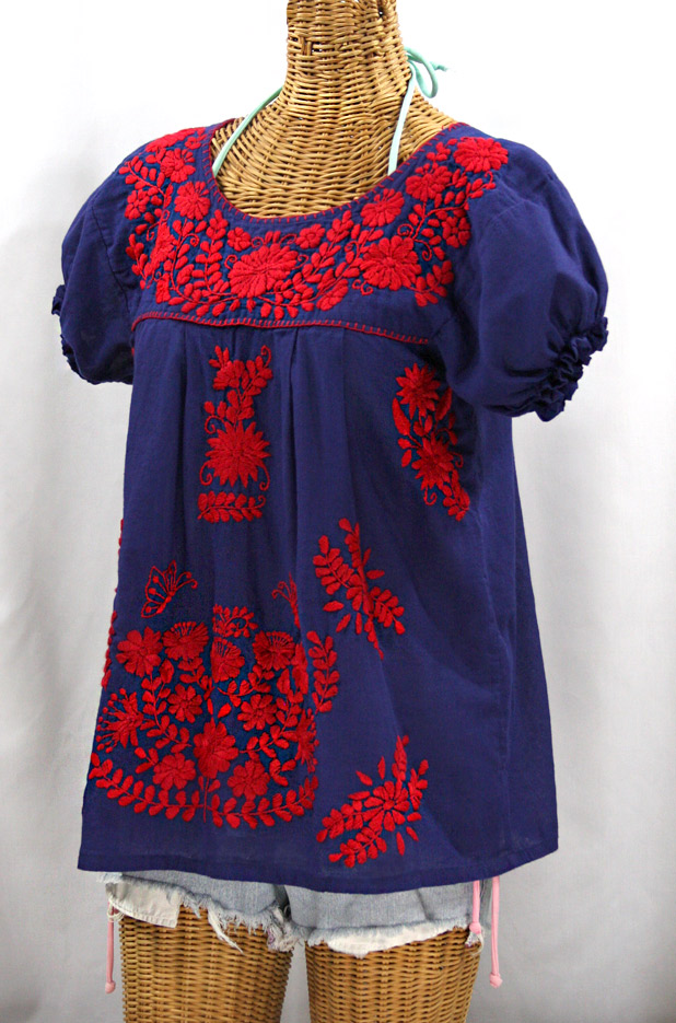 FINAL SALE -- "La Mariposa Corta de Color" Embroidered Mexican Blouse - Denim + Red