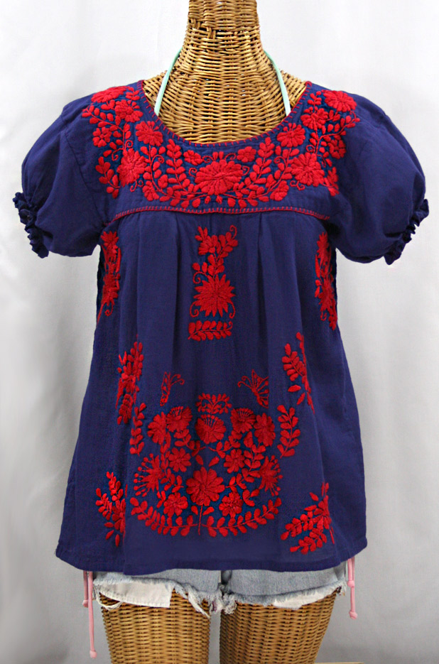 FINAL SALE -- "La Mariposa Corta de Color" Embroidered Mexican Blouse - Denim + Red