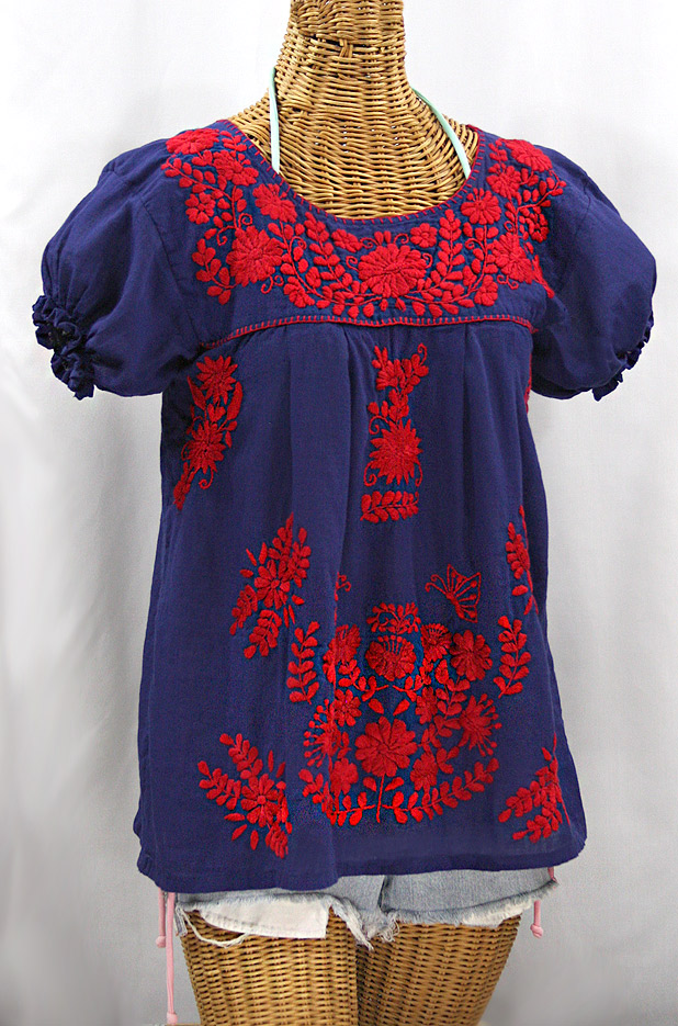 "La Mariposa Corta de Color" Embroidered Mexican Blouse - Denim + Red