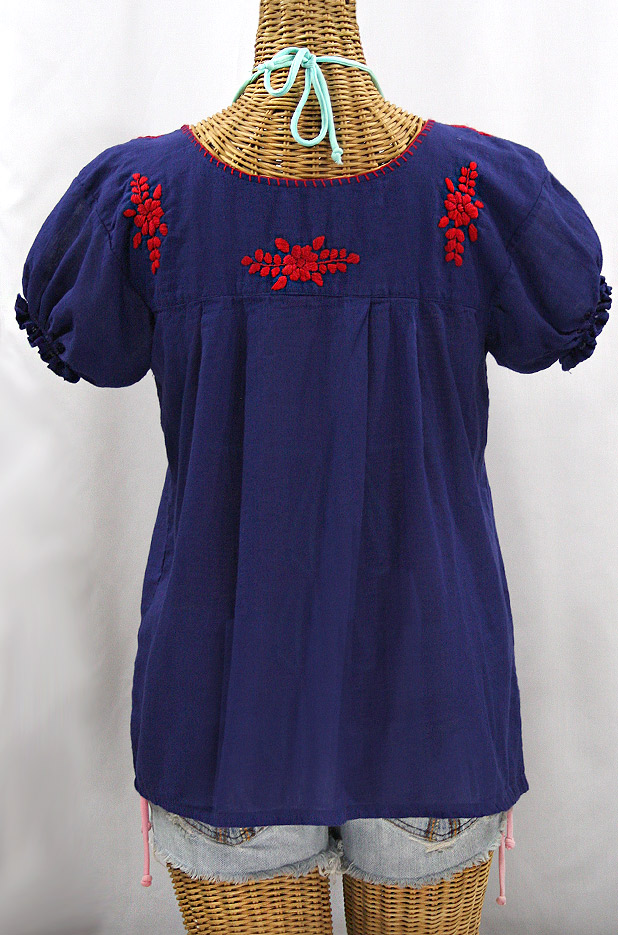 "La Mariposa Corta de Color" Embroidered Mexican Blouse - Denim + Red