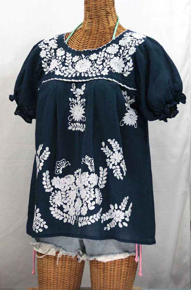 "La Mariposa Corta" Embroidered Mexican Style Peasant Top - Navy Blue