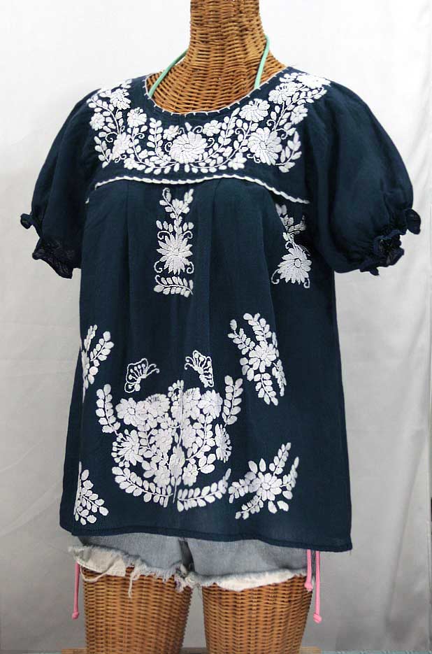 "La Mariposa Corta" Embroidered Mexican Style Peasant Top - Dark Teal