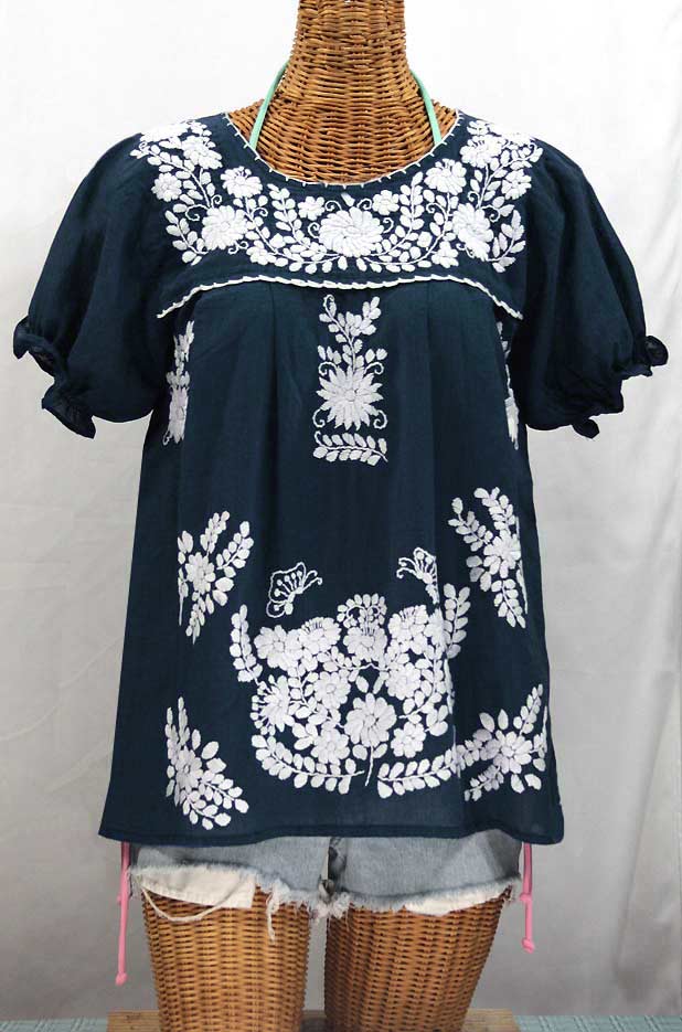 "La Mariposa Corta" Embroidered Mexican Style Peasant Top - Dark Teal