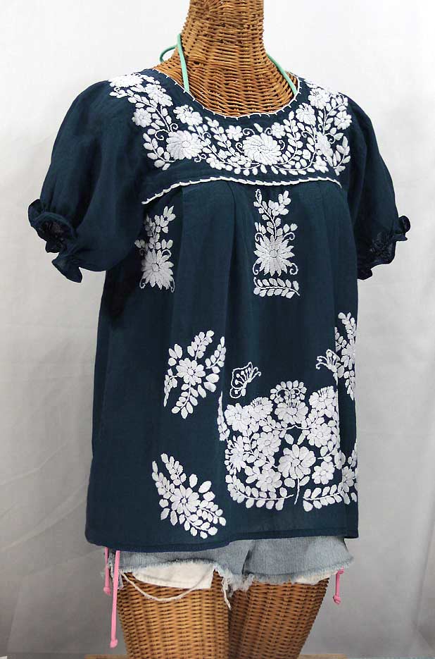 "La Mariposa Corta" Embroidered Mexican Style Peasant Top - Dark Teal