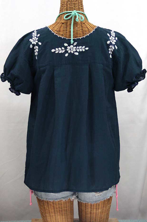 "La Mariposa Corta" Embroidered Mexican Style Peasant Top - Navy Blue