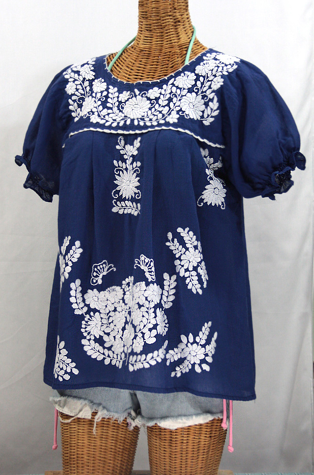 "La Mariposa Corta" Embroidered Mexican Style Peasant Top - Denim Blue