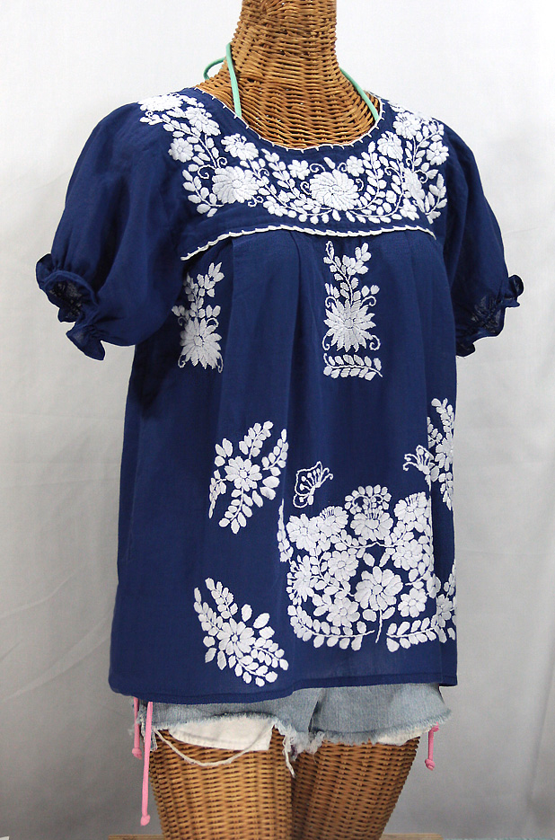 "La Mariposa Corta" Embroidered Mexican Style Peasant Top - Denim Blue