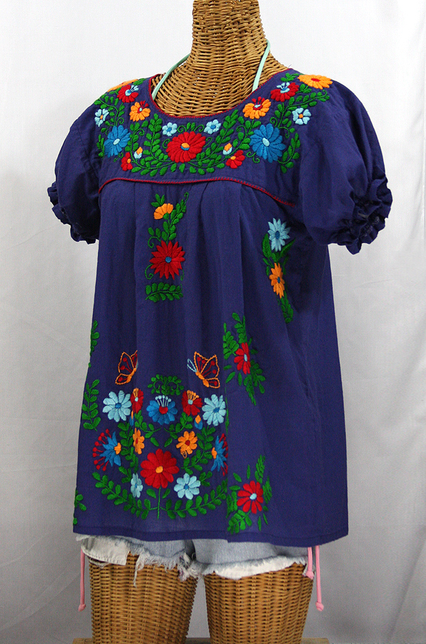 "La Mariposa Corta de Color" Embroidered Mexican Blouse - Denim Blue + Fiesta