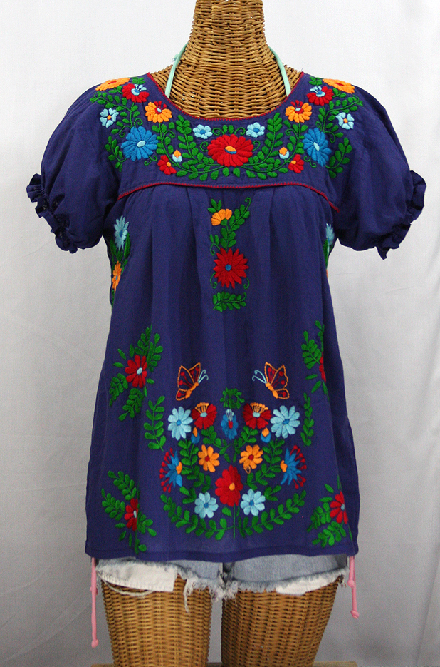 "La Mariposa Corta de Color" Embroidered Mexican Blouse - Denim Blue + Fiesta