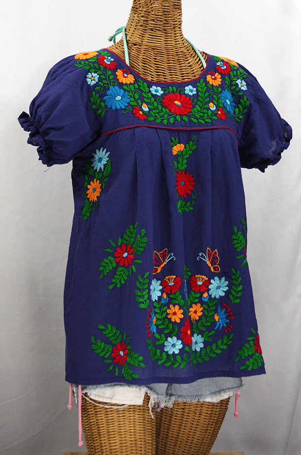 "La Mariposa Corta de Color" Embroidered Mexican Blouse - Denim Blue + Fiesta
