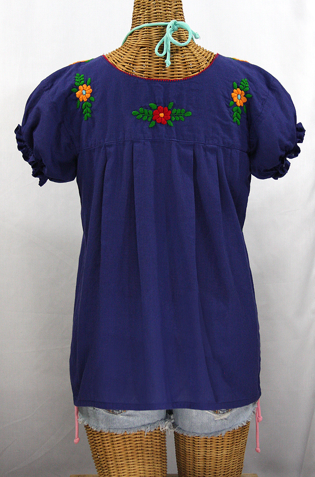 "La Mariposa Corta de Color" Embroidered Mexican Blouse - Denim Blue + Fiesta