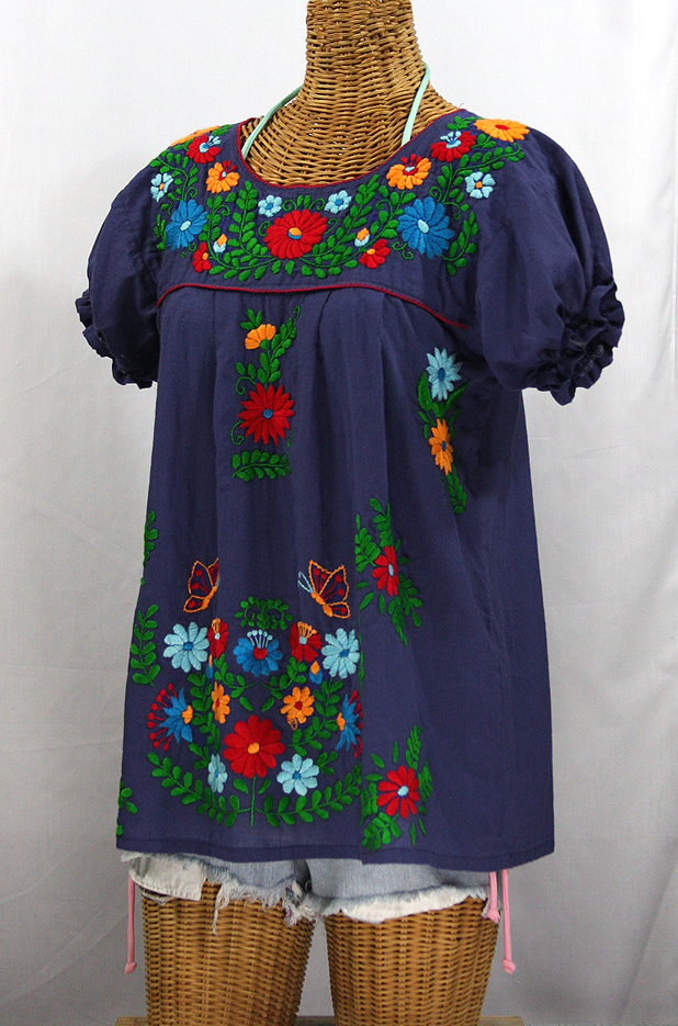 "La Mariposa Corta de Color" Embroidered Mexican Blouse - Navy Blue + Fiesta