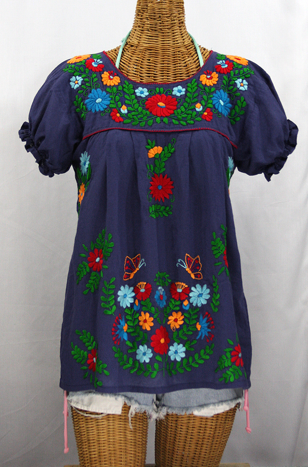 "La Mariposa Corta de Color" Embroidered Mexican Blouse - Navy Blue + Fiesta