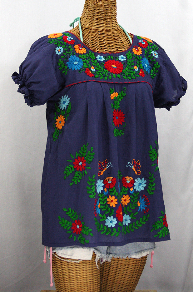 "La Mariposa Corta de Color" Embroidered Mexican Blouse - Navy Blue + Fiesta