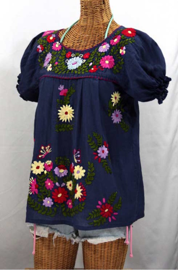 "La Mariposa Corta de Color" Embroidered Peasant Blouse - Navy Blue